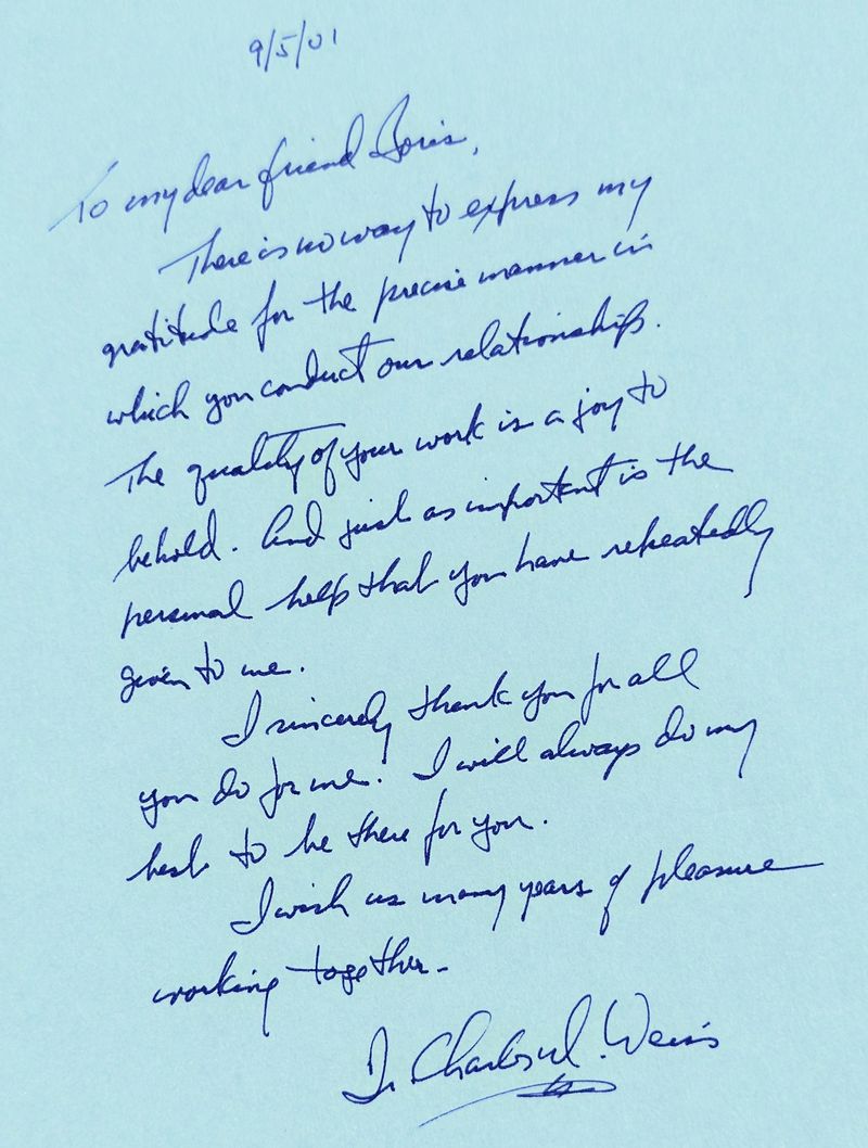 Handwritten letter on light blue paper dated 9/5/01, addressed to my dear friend Boris and signed Dr. Charles M. Weiss
