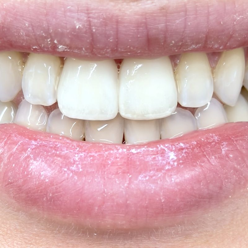 Close-up of a smile with porcelain veneers, facial view, lips and teeth only
